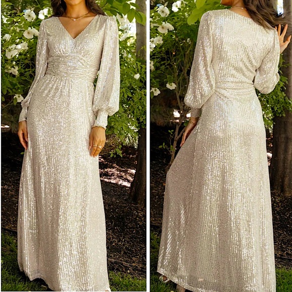 SIlver Sequin Long Sleeve Formal Maxi Dress - Picture 1 of 2